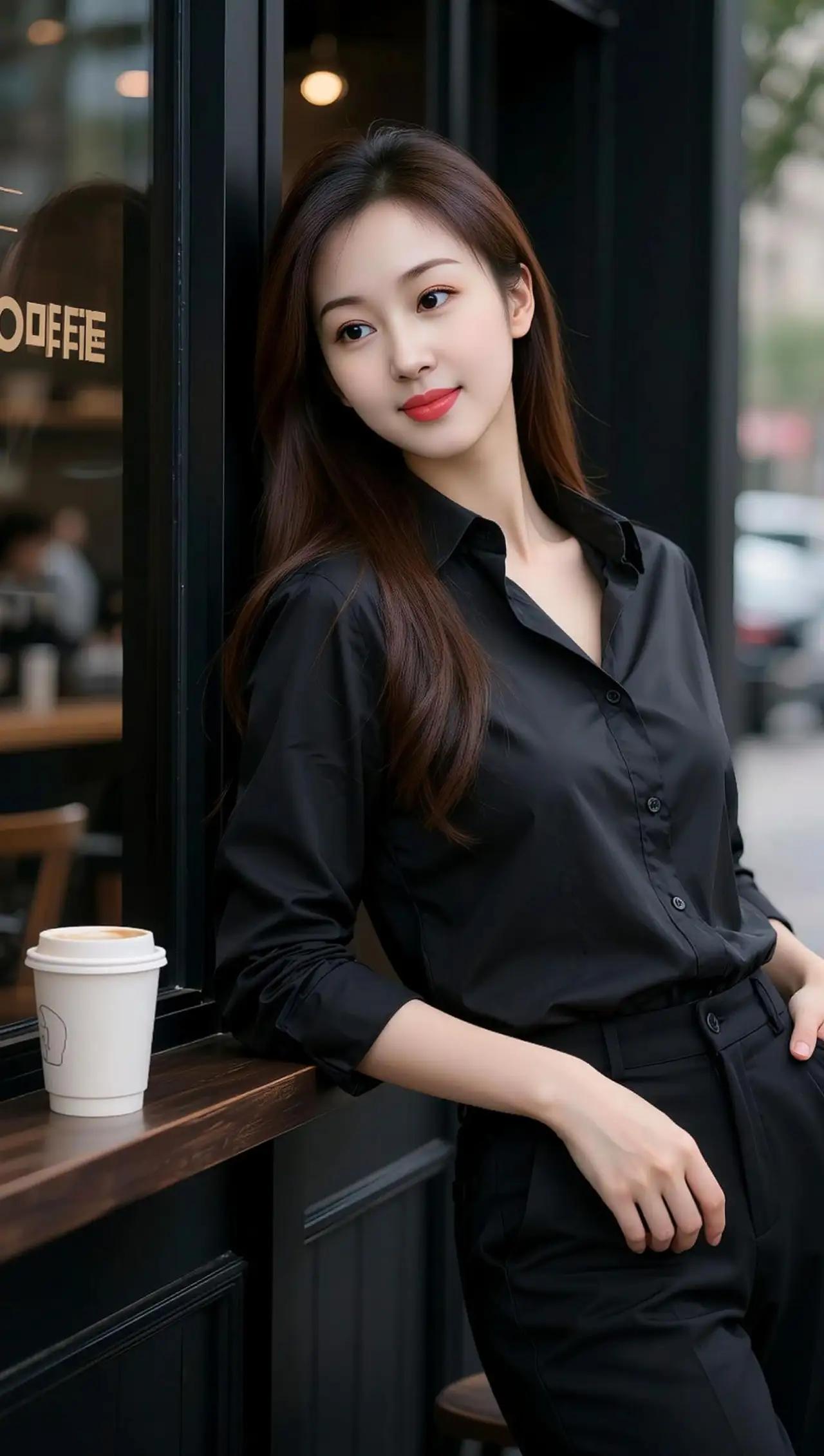 都市时尚女孩，黑衣黑裤，咖啡相伴，悠闲时光🍎🌟🌴