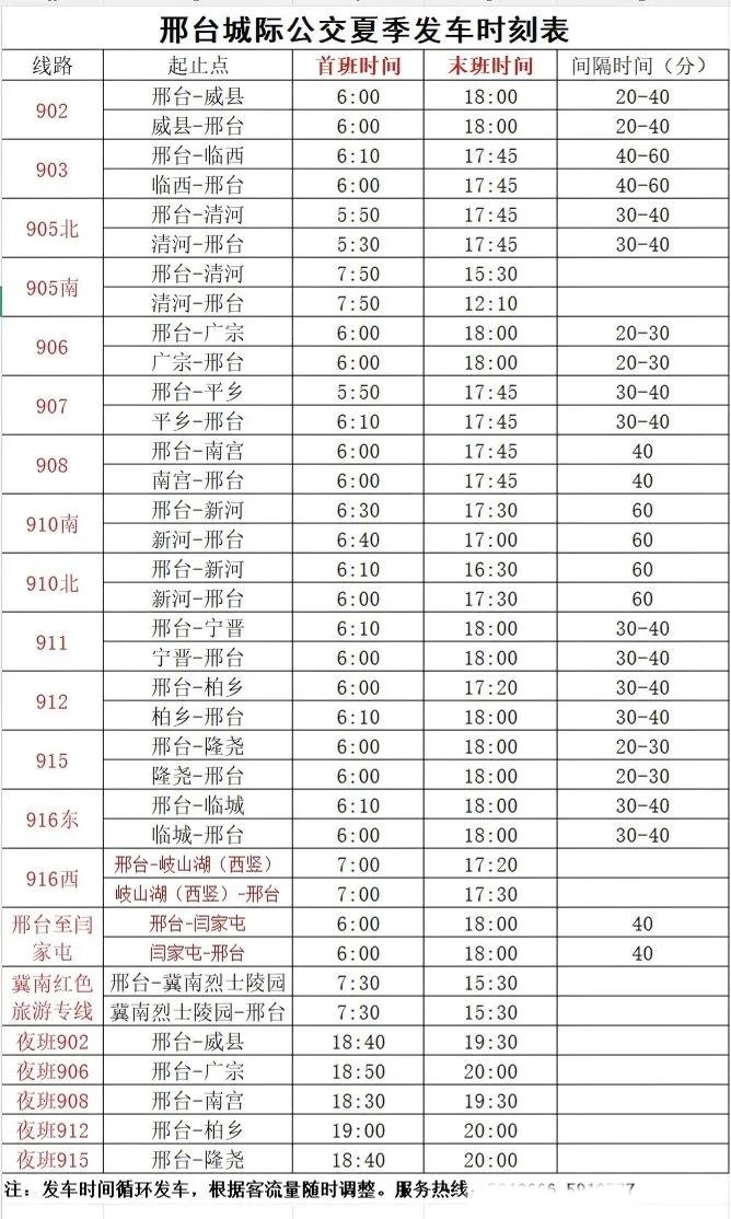 5月7日起，邢台城际公交线路执行夏季首末班发车时间。
自2026年5月7日起，城