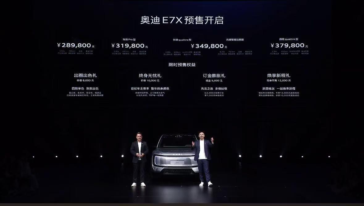 奥迪E7X开启预售，限时价28.98万元起。这个价格咋样？新公路之王奥迪E7X预