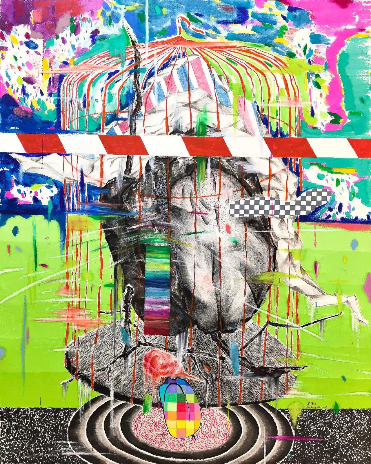 卢守辉作品《牢笼》2。牢笼2，皮纸、墨、国画颜料、油画棒，120×97cm，20