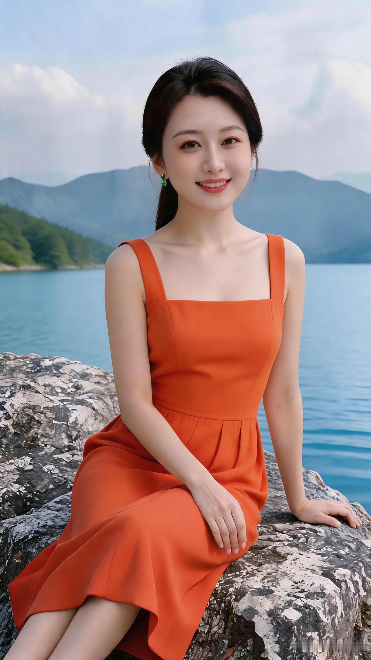 湖畔山野赴一场夏日之约，亮眼橘色吊带长裙，明媚又大方。山水作背景，微风拂面，把松