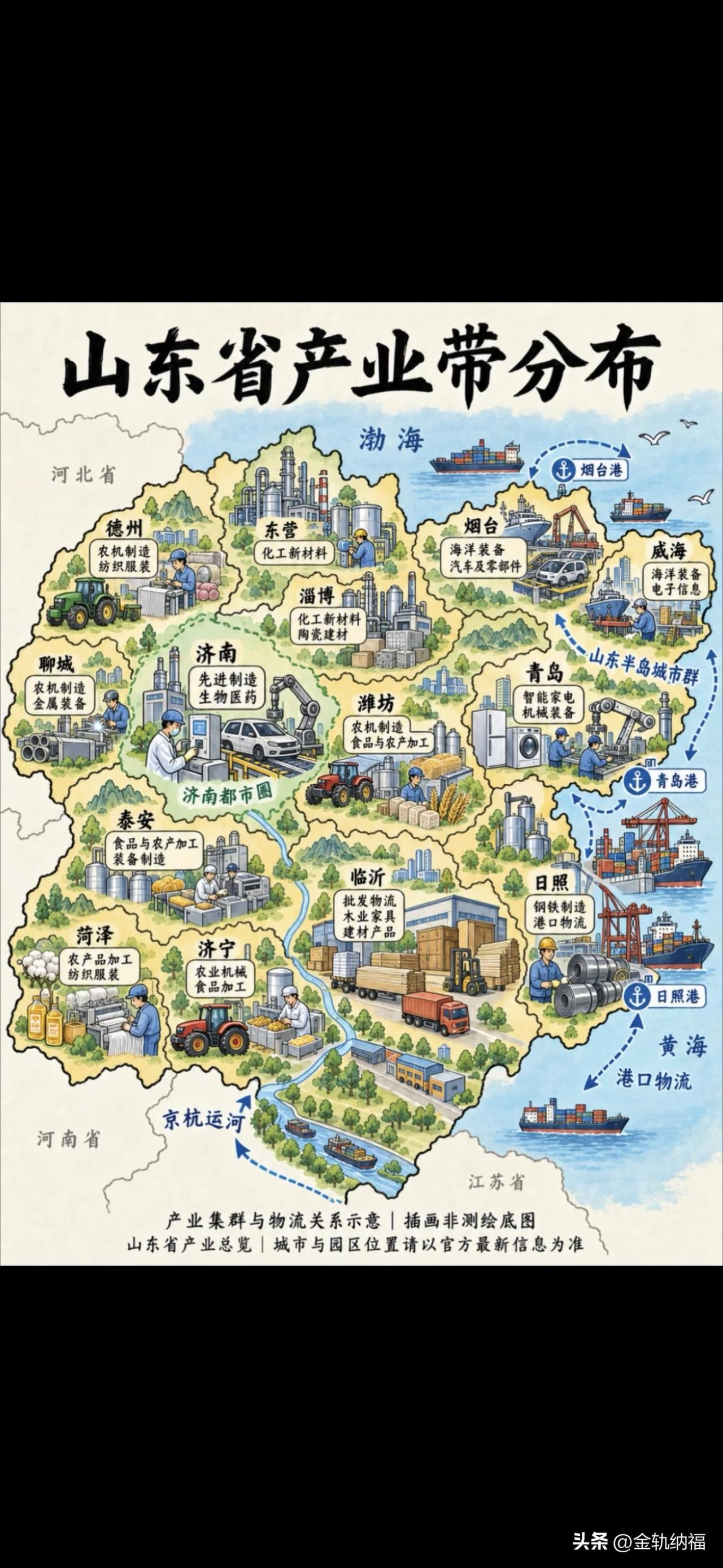 山东省产业带分布图
山东不只有海鲜、煎饼和水果。从济南的装备制造、软件和生物医药