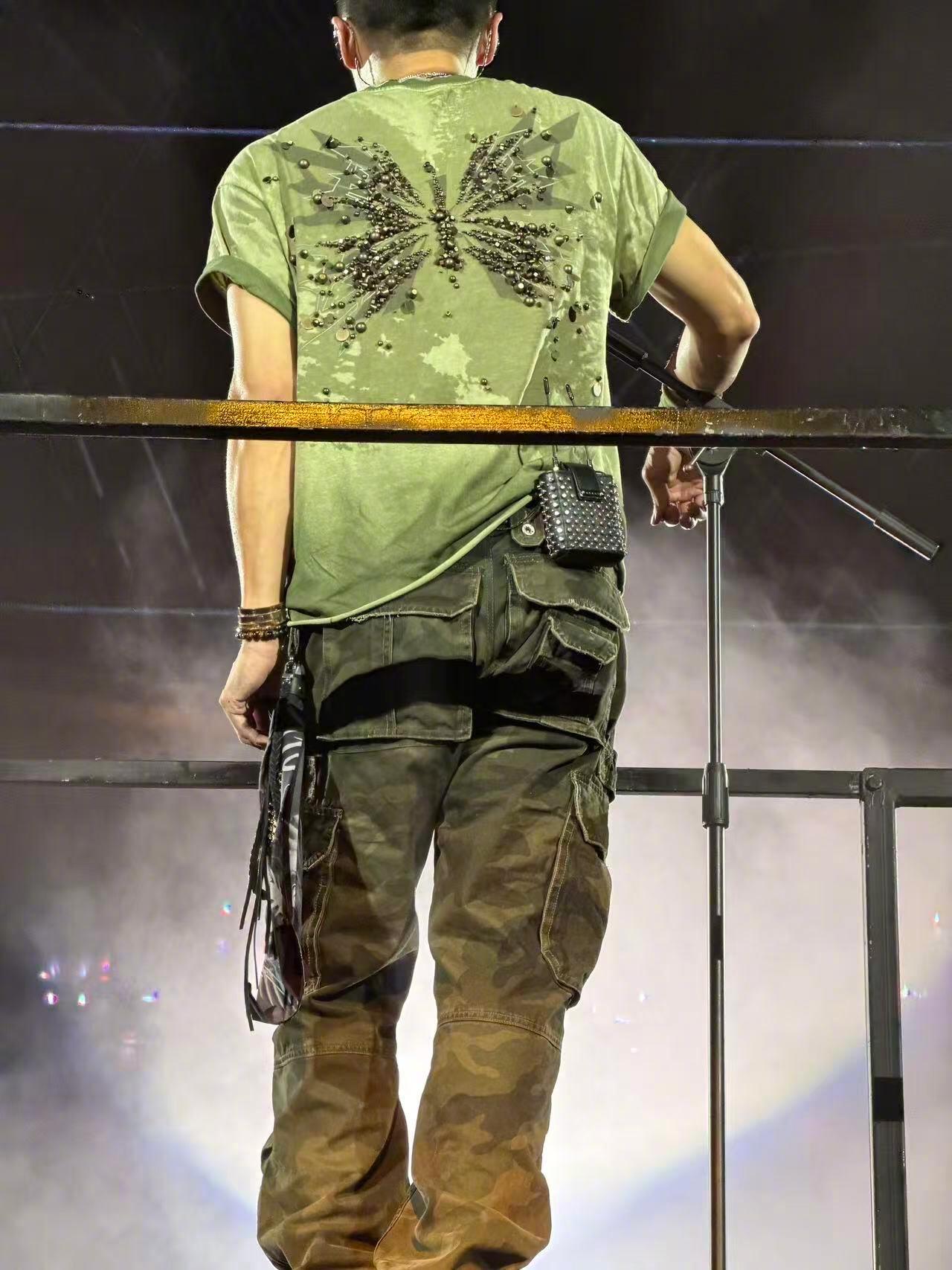 谢霆锋衣服被汗打湿了谢霆锋到了河南也得热冒烟 谢霆锋郑州演唱会唱到一半，绿色短袖