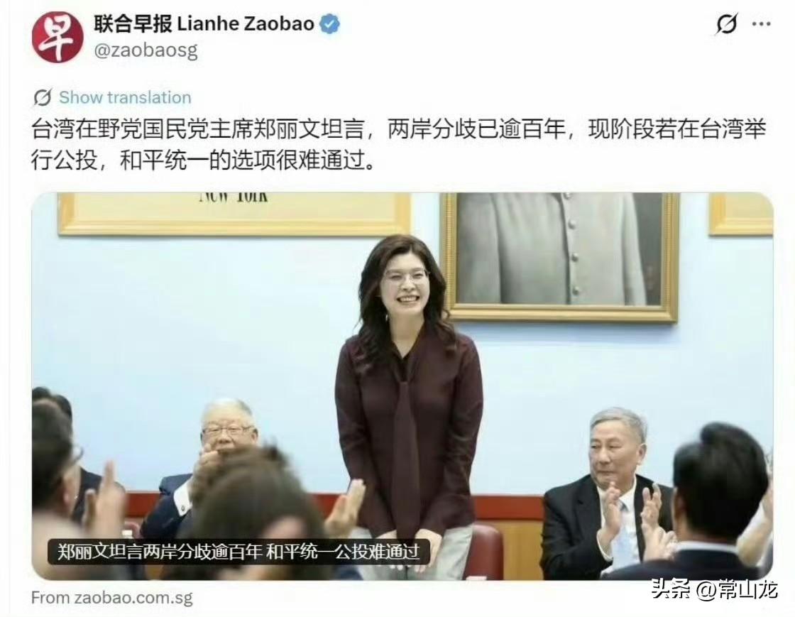 郑丽文说：两岸分歧已逾百年，现阶段若在台湾举行公投，和平统一的选项很难通过。
国