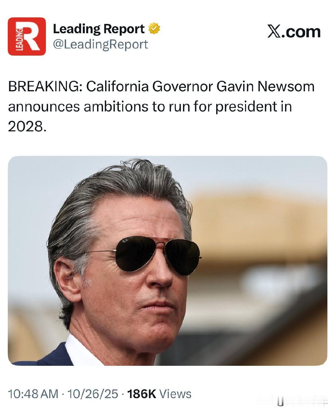 突发消息：加利福尼亚州州长Gavin Newsom宣布有意参加2028年总统竞选