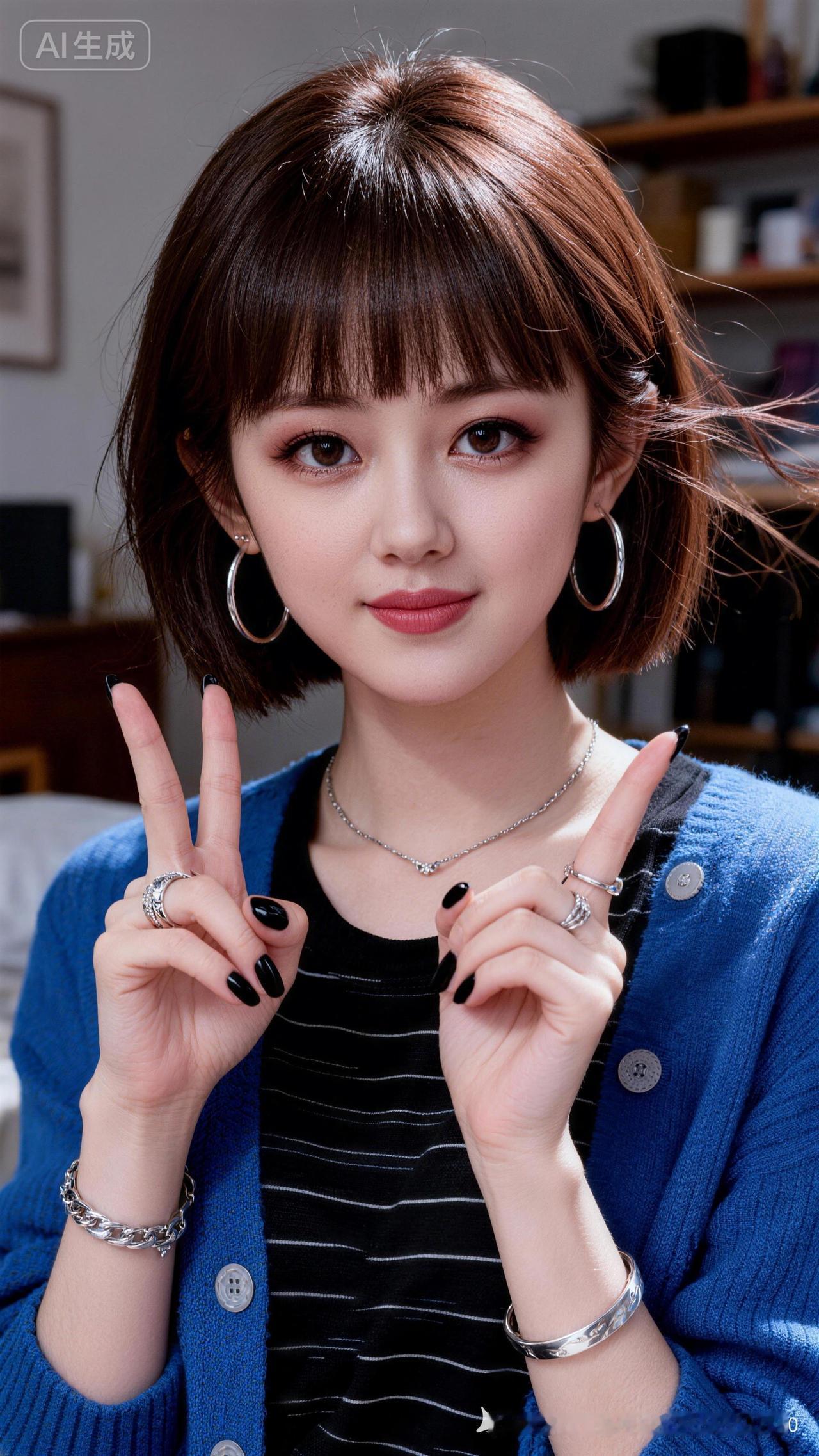 亚洲美少女薇薇，棕色齐刘海短发，黑条纹T恤外搭蓝色针织开衫，室内随性比耶。冷白皮