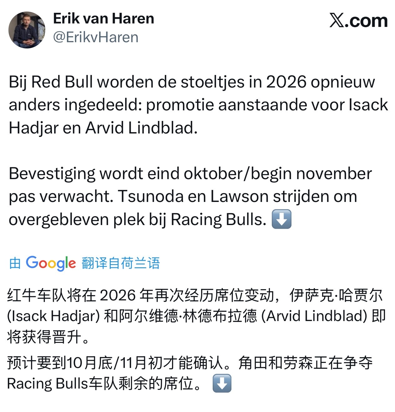 荷兰电讯报记者Erik van Haren：哈贾尔明年即将进入大红牛，林德布拉德