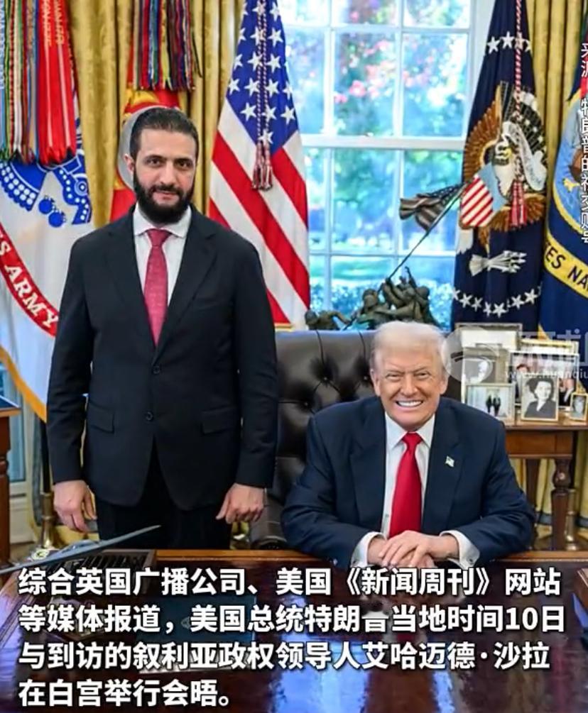 特朗普在白宫与到访的叙利亚领导人沙拉会晤后，晒出两人的合影并表态，他希望叙利亚变