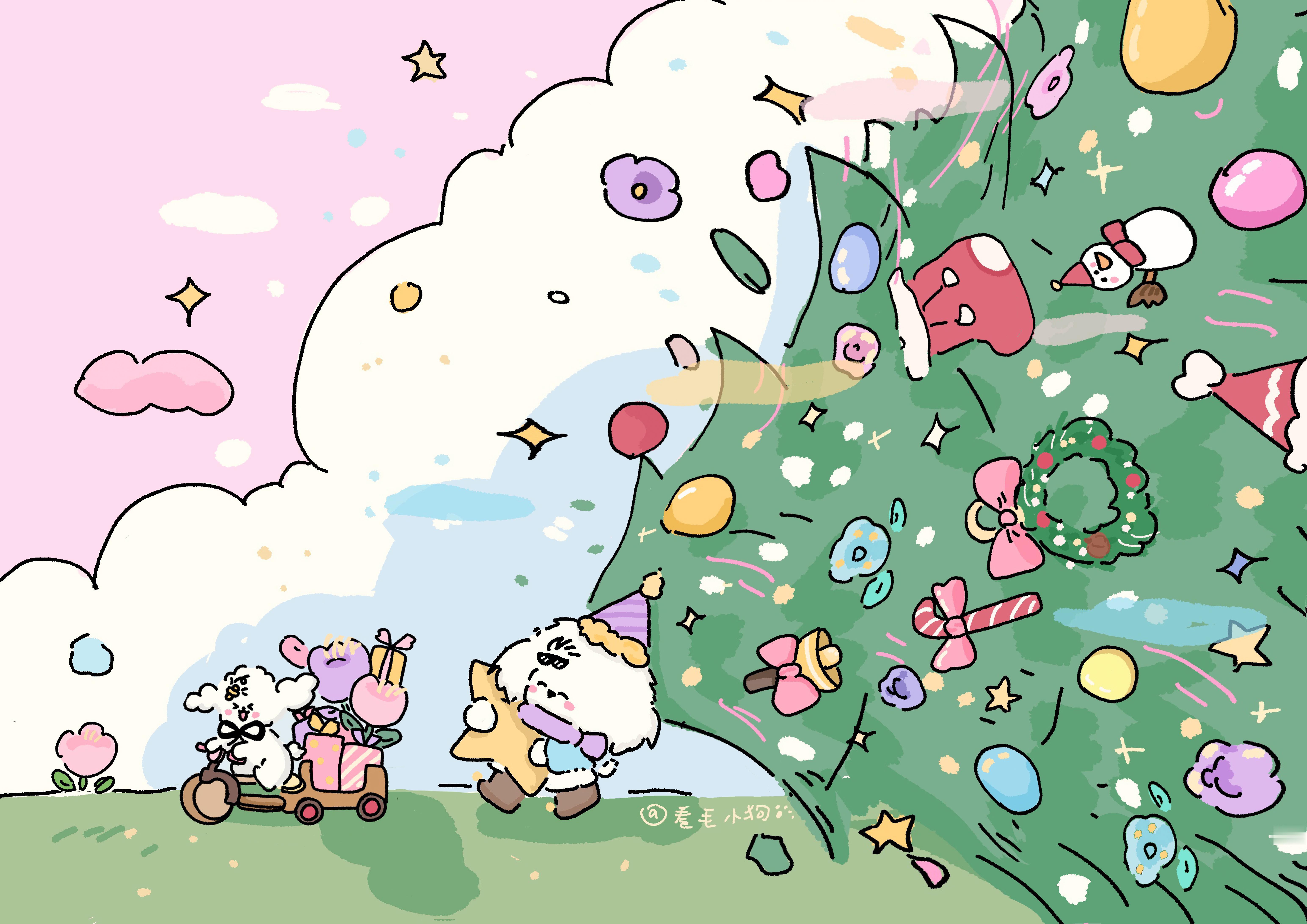 壁纸[超话]  快看～小狗把圣诞树带回家啦！🎄 