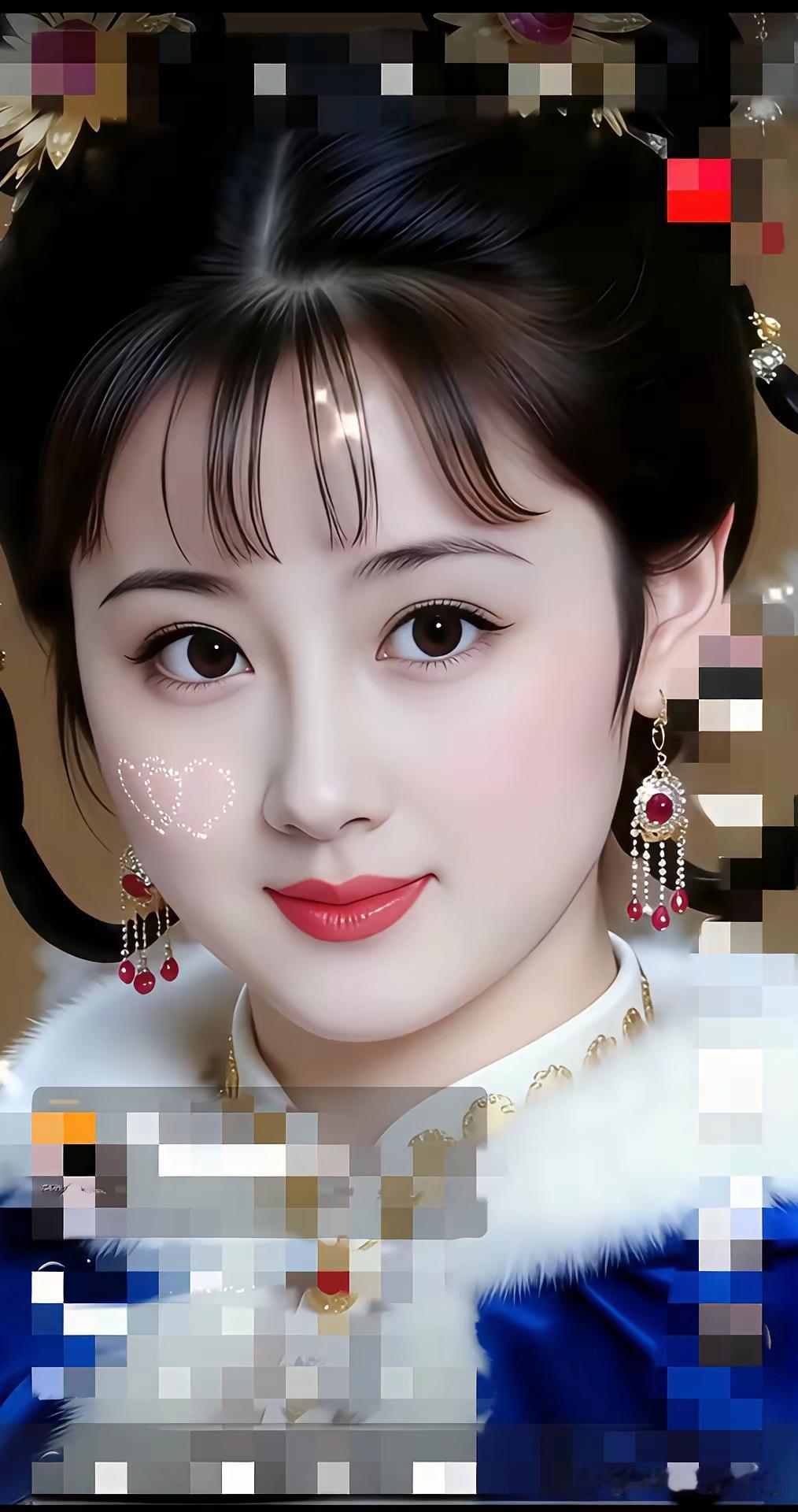 惊艳的古典妆容，红唇与耳饰相映成趣，古典与现代的完美结合。