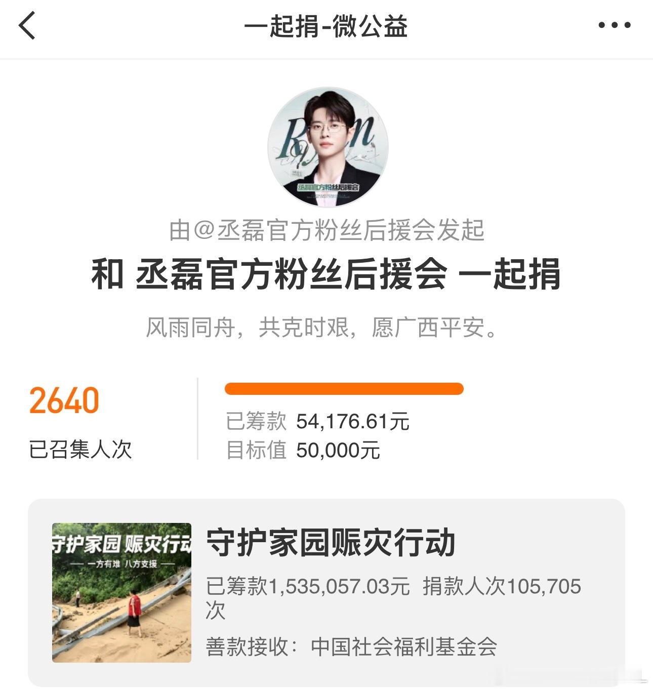 丞磊广西汛情牵动人心，丞磊粉丝自发组织捐款驰援广西水灾，截止目前累计筹得5万元善