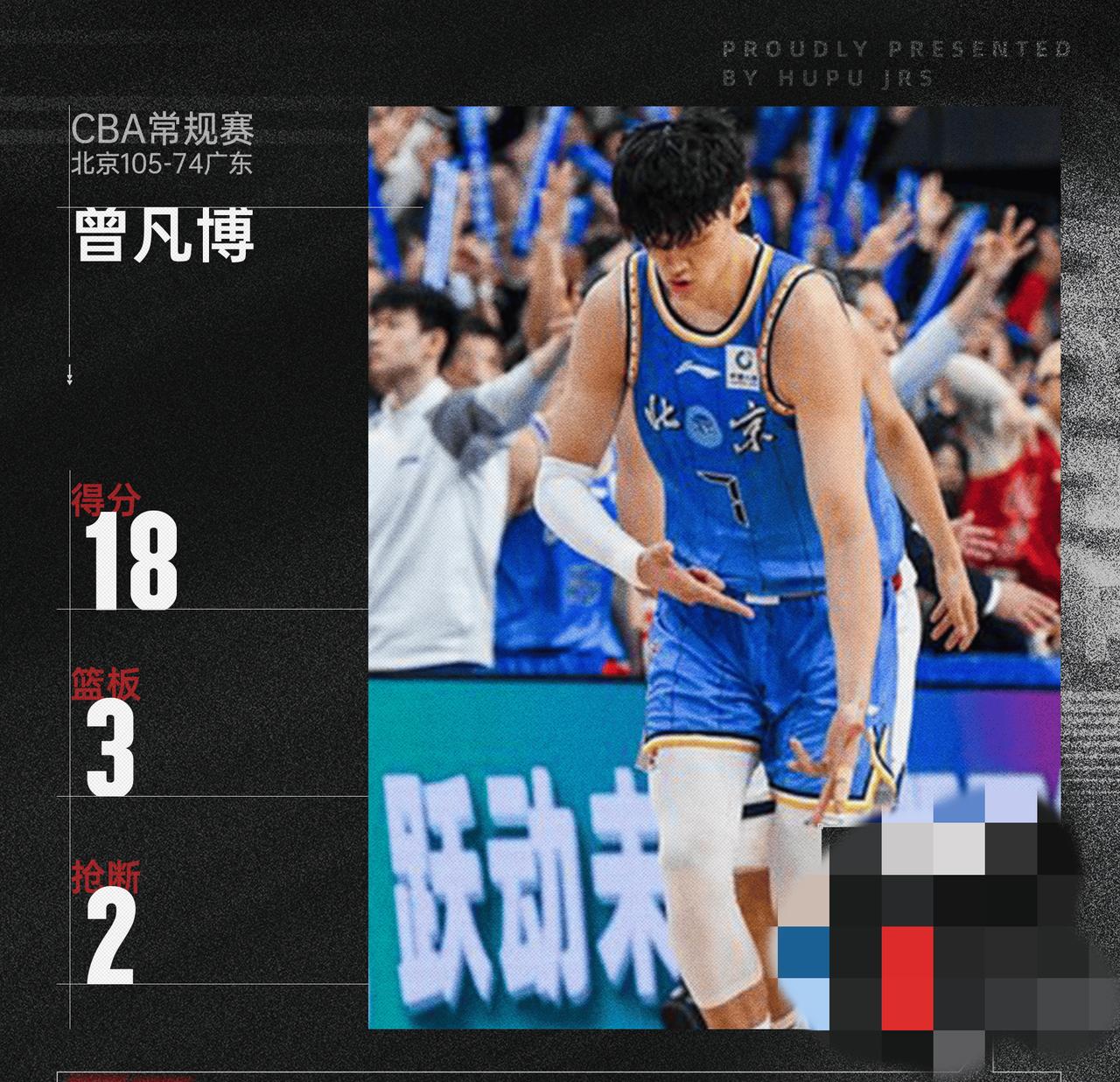 曾凡博回归北京首秀惊艳，18分2抢断1盖帽能攻能防，北京105-74大胜广东
