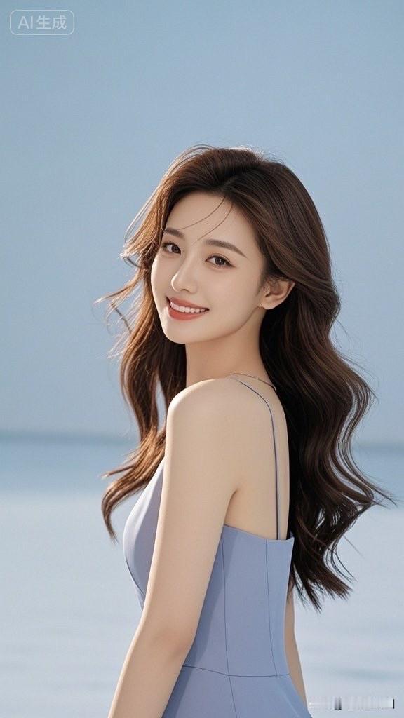 这位美女穿着蓝色礼服，笑容甜美。