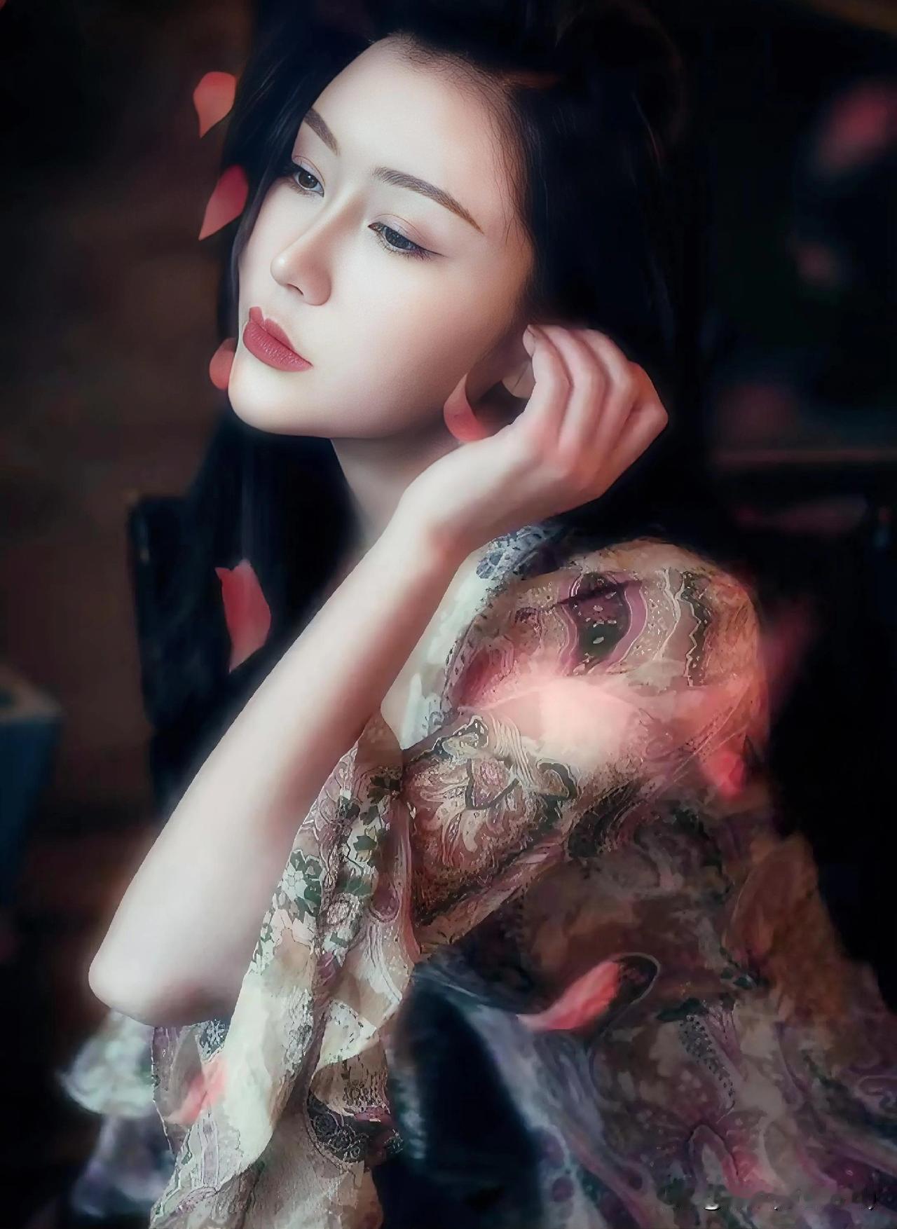 七绝·花影凝思
文/刚柔

花影纷飞映晚妆，凝眸不语意悠长。
罗衣轻拂春风软，一