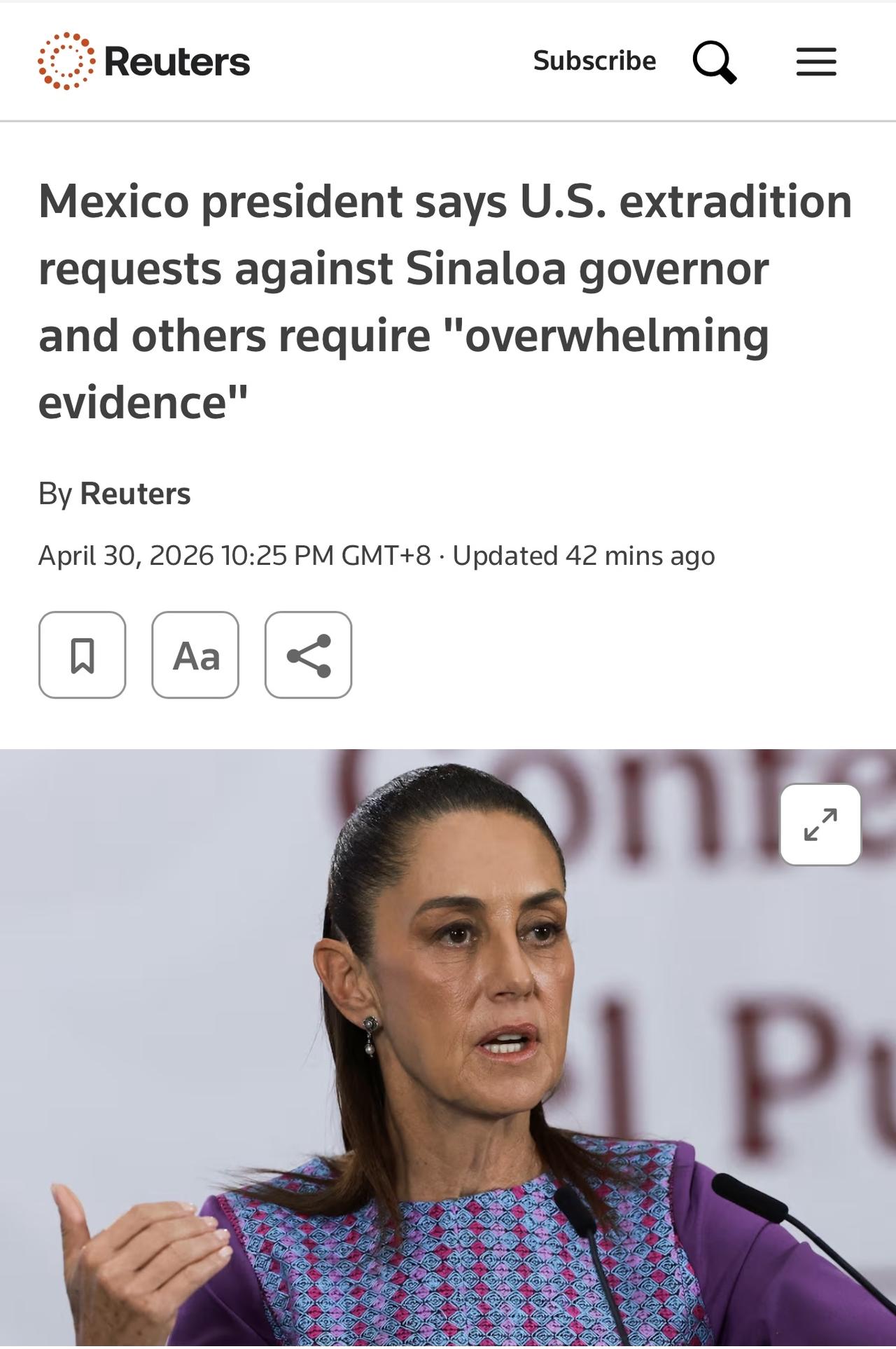 墨西哥总统辛鲍姆表示，美国针对锡那罗亚州长和其他人的引渡请求需要“压倒性证据”。