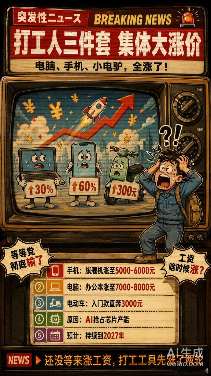 打工人三件套集体大涨价唉，扎心了老铁！手机、电脑、小电驴通通涨价。以前想买数码等