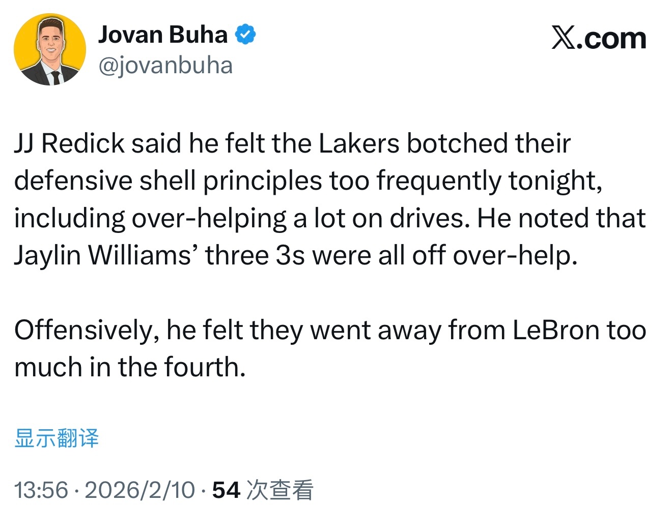 JJ雷迪克表示，他认为湖人队今晚在防守收缩原则的执行上频繁出错，包括对突破进行了