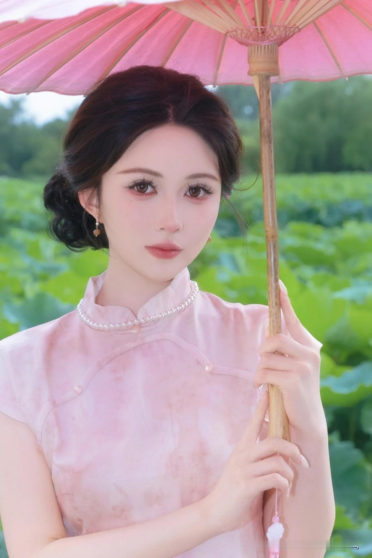 一个穿粉色旗袍的姑娘撑着伞。淡粉色旗袍写真 旗袍烟雨景 紫色旗袍仙女