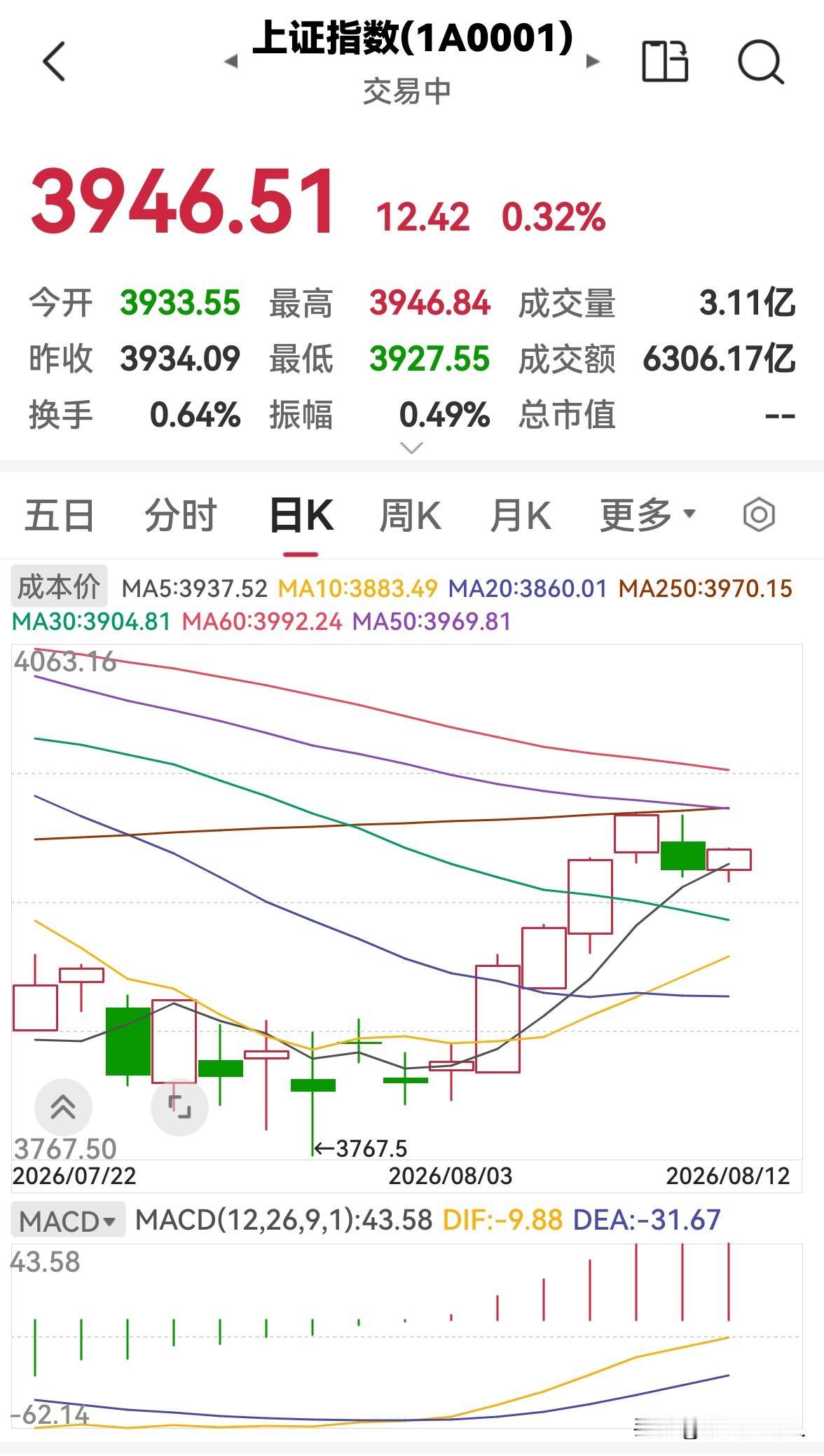 今天是8月12日，股市早盘缩量上涨，下午还会涨吗？

今天股市早盘低开高走，缩量