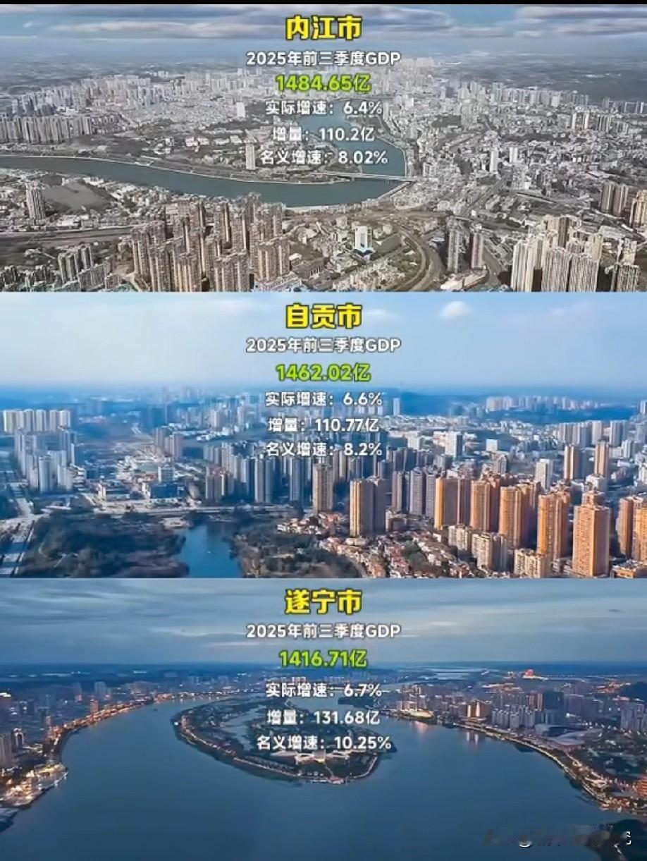 四川内江市自贡市遂宁市2025年前三季度经济发展对比水平情况，内江市前三季度GD