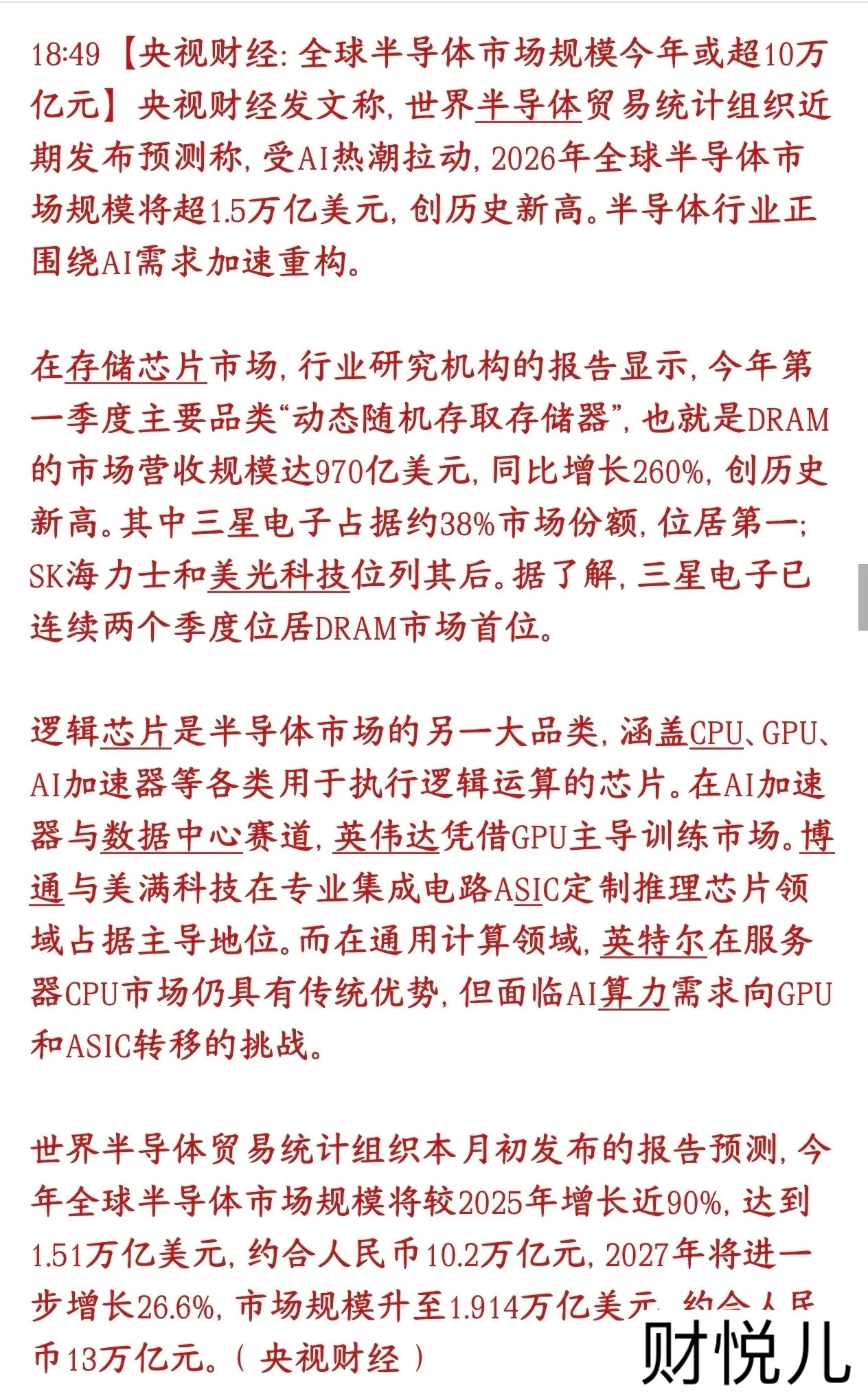 半导体板块再迎利好消息，官媒力挺市场规模官媒报道AI大火直接带飞了全球芯片行业，