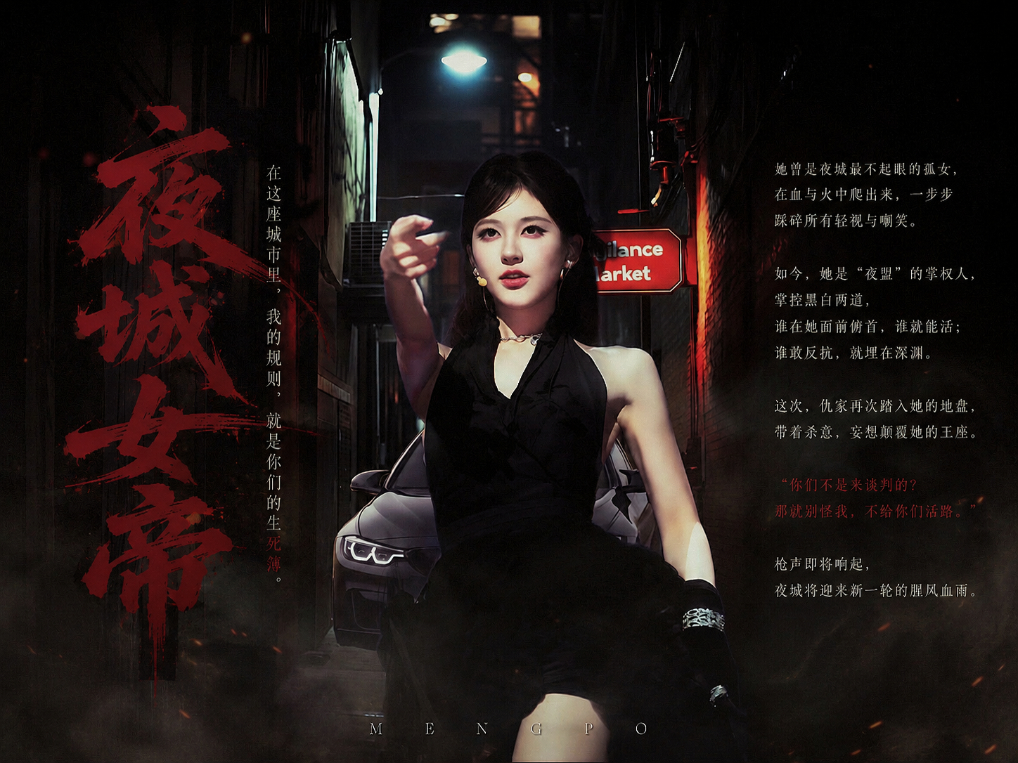 《夜城女帝》巷口的路灯被夜雨泡得发潮，昏黄的光晕里飘着细碎的雨丝，把整条窄巷浸得