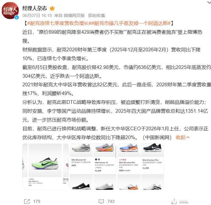 耐克连续七季度营收负增长耐克市值几乎蒸发掉一个阿迪达斯 "原价899耐克降至42