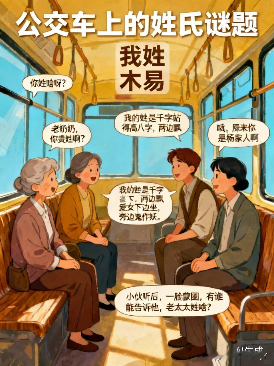 公交车上，一个年轻人很有礼貌的给老太太让座，老太太就随口问小伙：“你姓啥呀？”