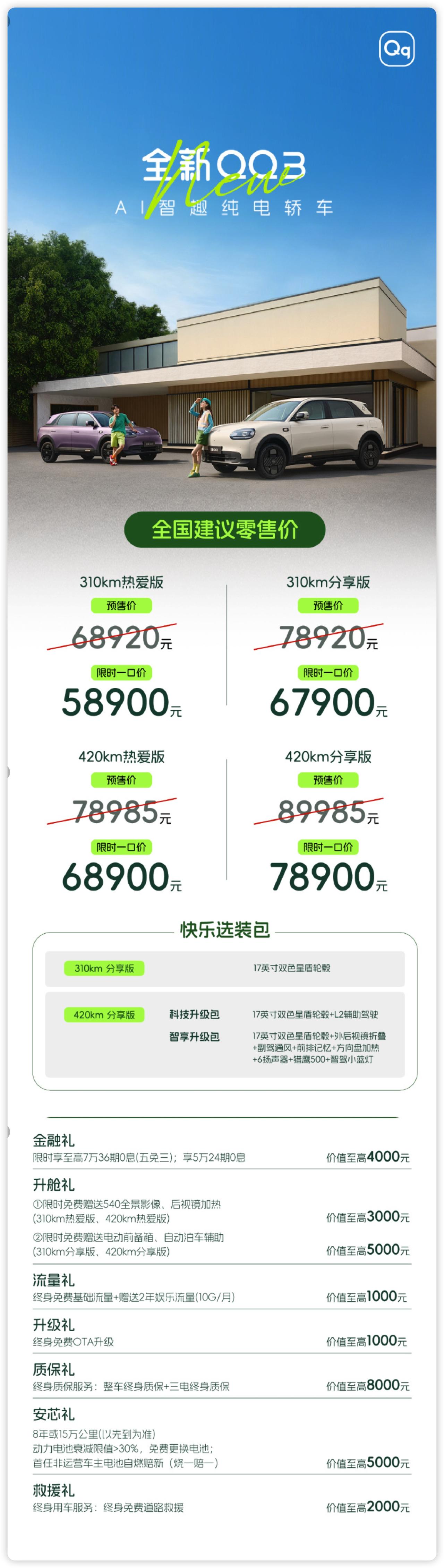 奇瑞全新 QQ3 正式上市了，当年的国民小车这次纯电回归，确实有点东西。

价格