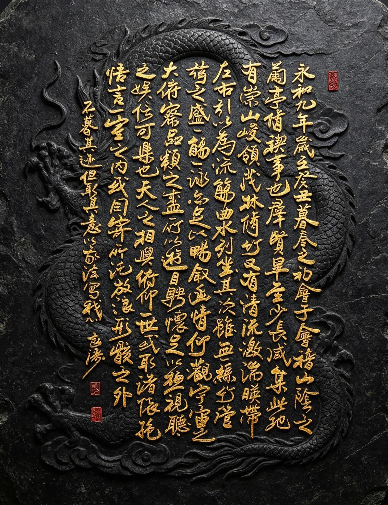 背临兰亭，不追笔锋，追心意。
千年风流作底，我用自己法，写当下闲情。AI龙纹石碑