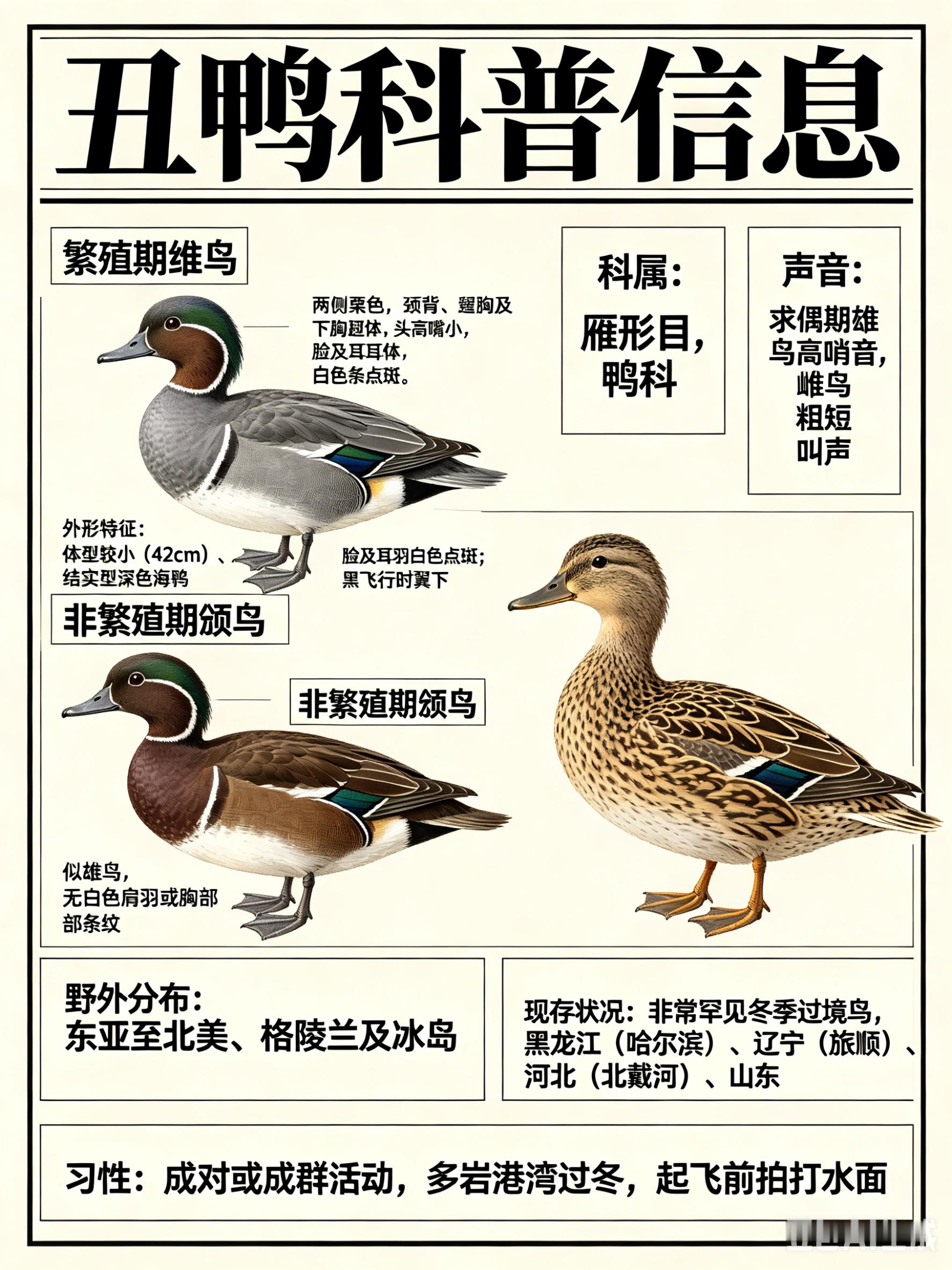 鸟类朋友图鉴 丑鸭·科属：雁形目，鸭科。·外形特征：体型较小（42cm）、结实型