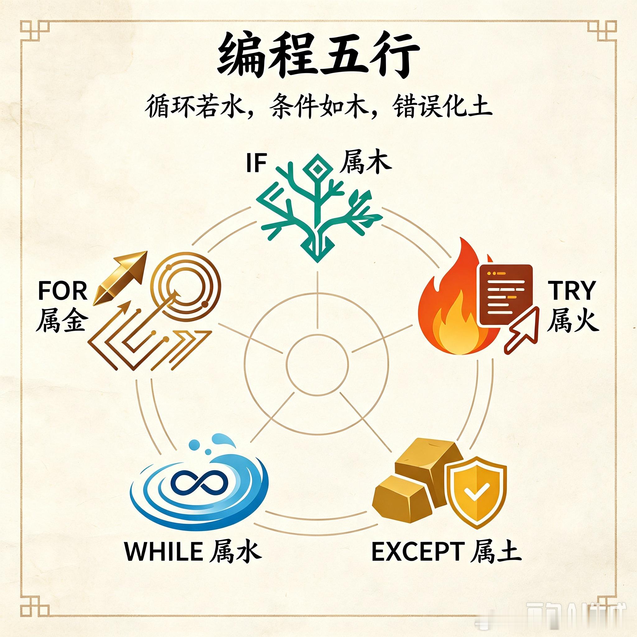 编程五行：FOR 属金，WHILE 属水，IF 属木，TRY 属火，EXCEPT