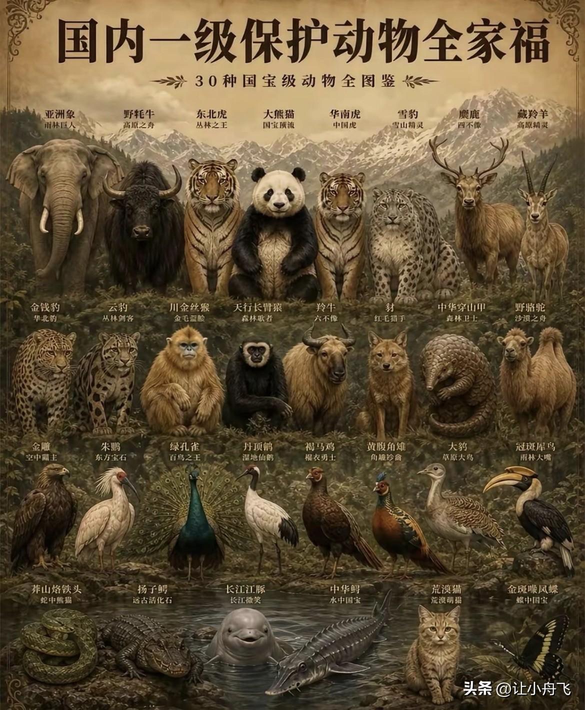 图片内容简析

国内一级保护动物全家福，汇集30种国家一级保护动物，采用复古油画