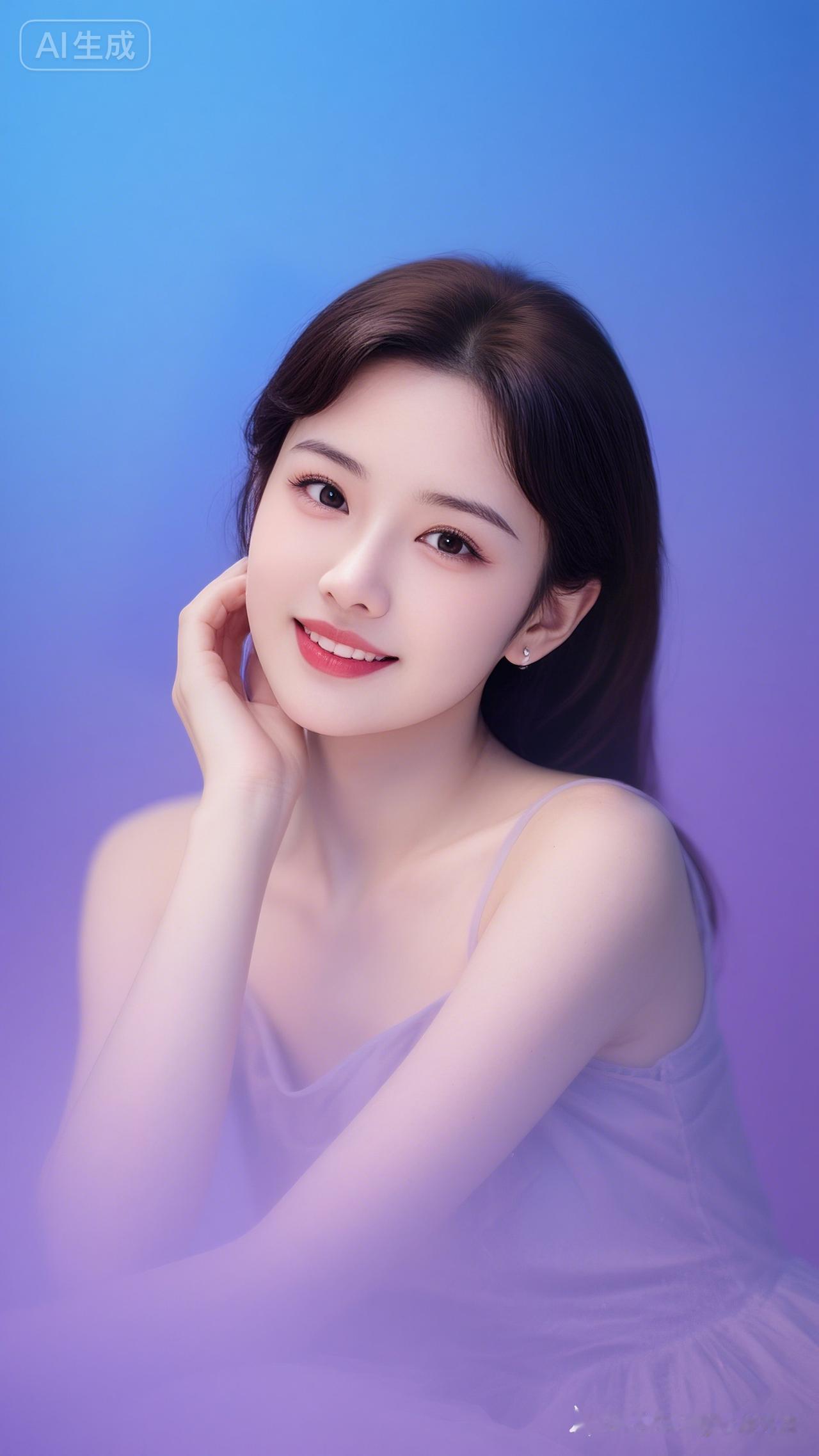 精致温婉东亚少女，深棕眼眸水润灵动，唇浅笑甜。单手托腮侧头，姿态慵懒柔美。蓝紫渐