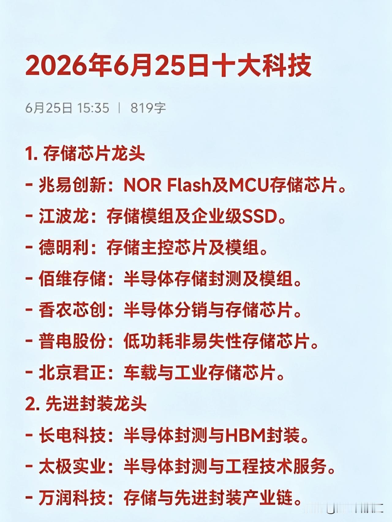 2026年6月25日十大热点科技及其产业链核心龙头

1. 存储芯片龙头
- 兆