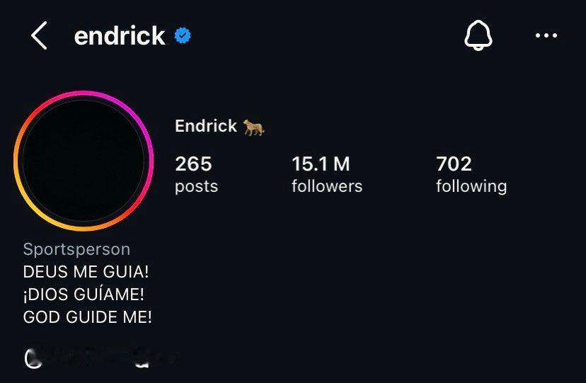 恩德里克将IG头像更换为了黑色。