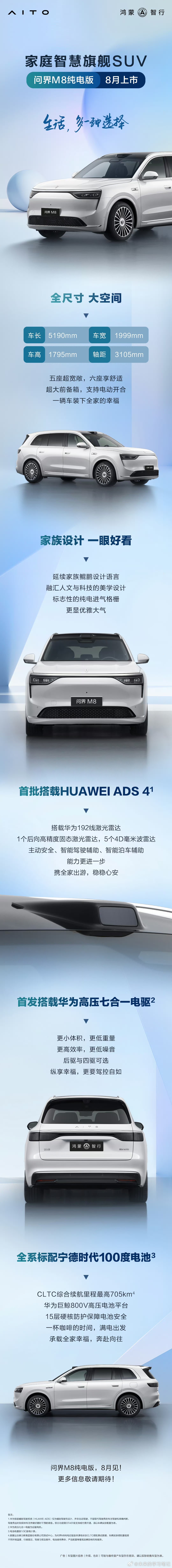 问界M8纯电来了，CTLC续航705公里，采用高压七合一电驱，800V巨鲸电池，