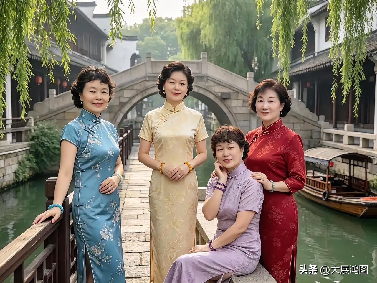 四位阿姨在古桥边合影，穿旗袍真好看！