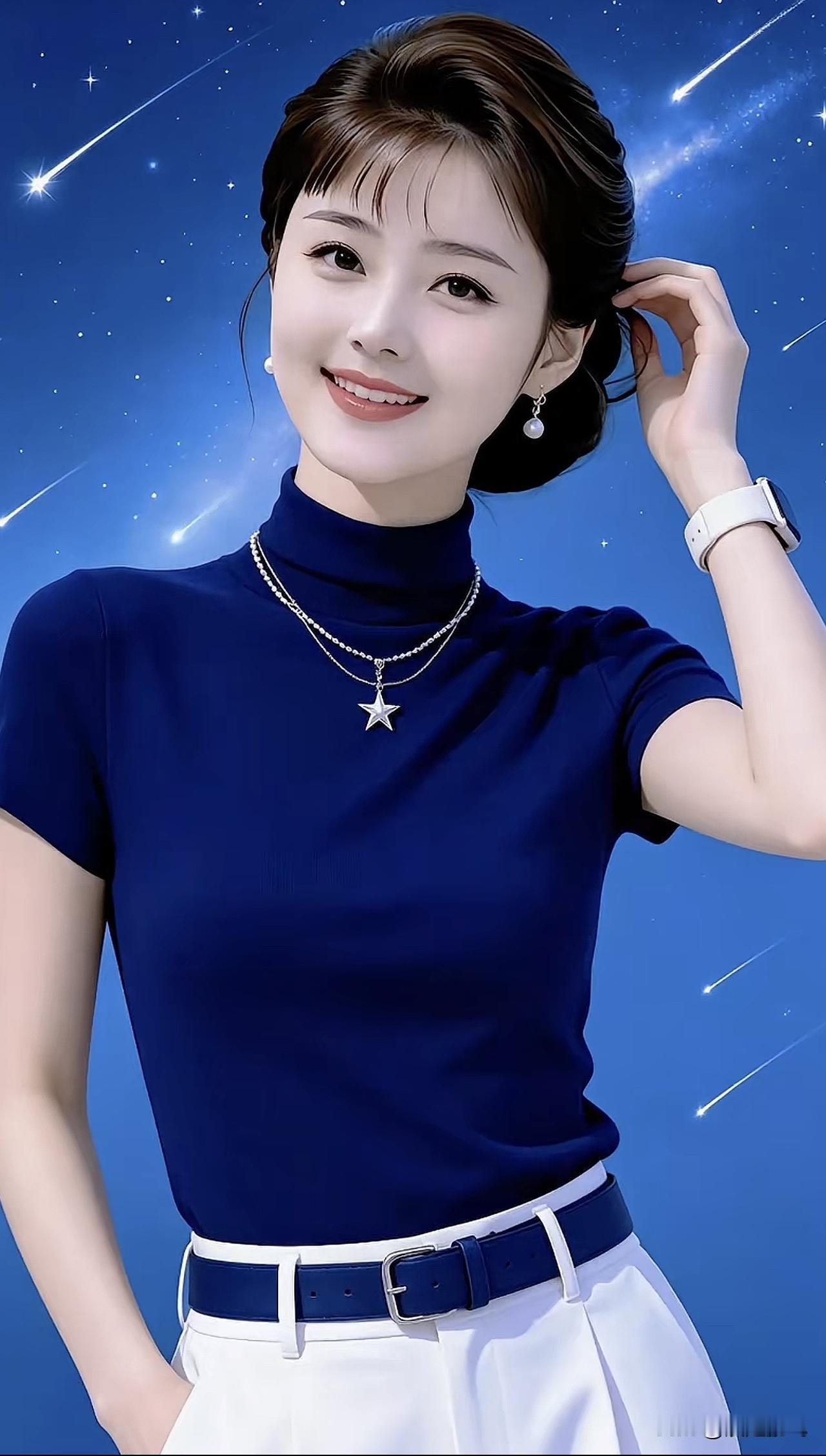 甜美笑容，星空背景，时尚穿搭，闪耀星饰，优雅气质耀眼精致穿搭 亮粉色穿搭 星空系