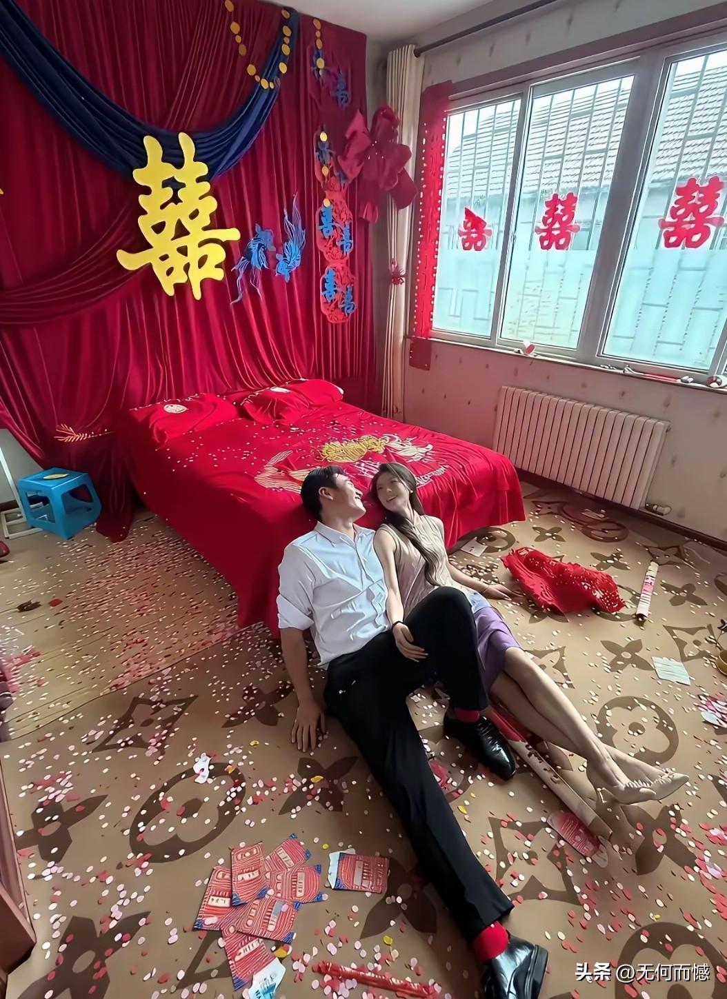 结婚了，客人都走了，只剩下了这一对新人，两个人躺在地上，面对这个大大的房间，虽然