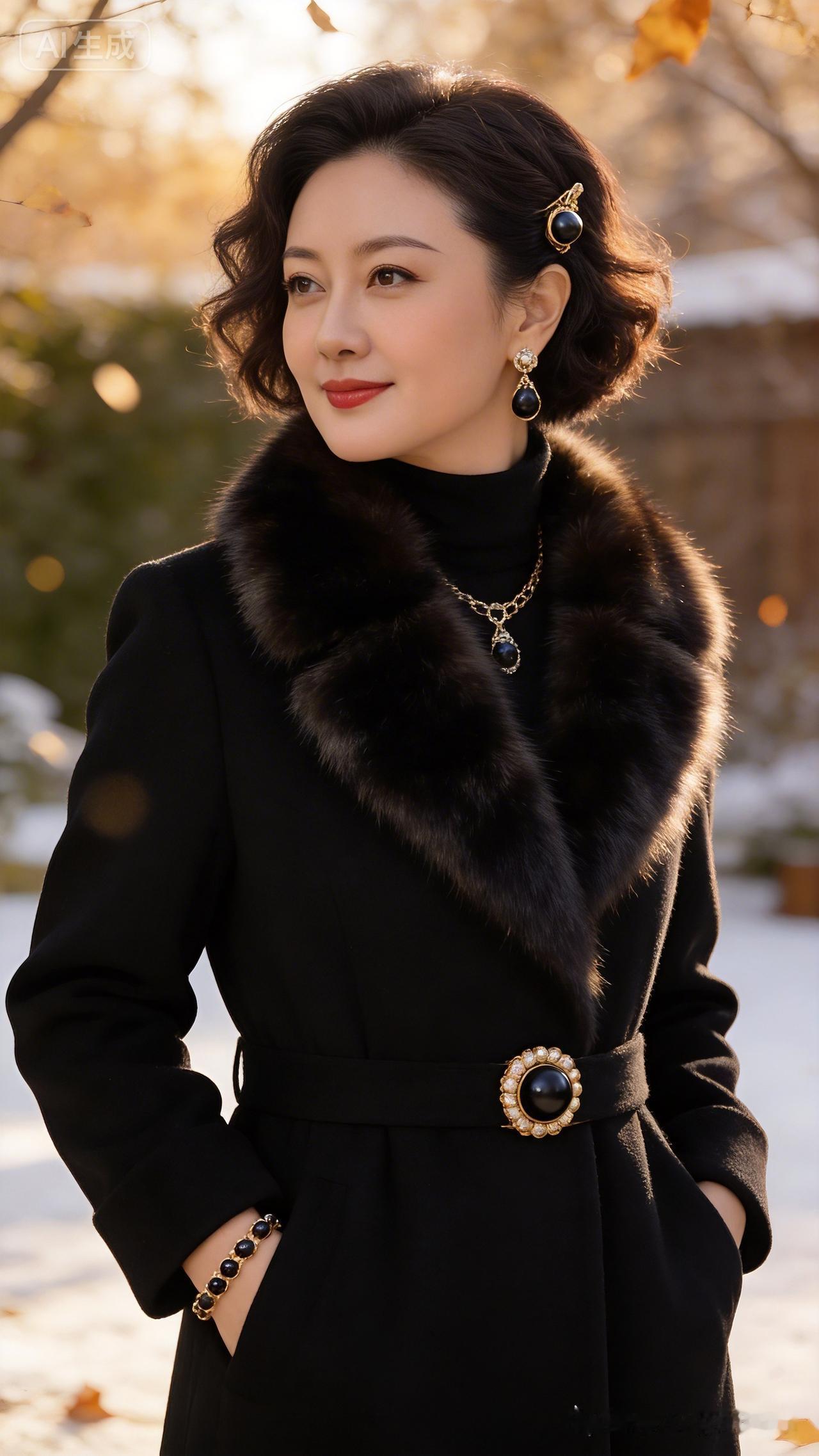 寒冬雪中立，黑衣映玉颜。