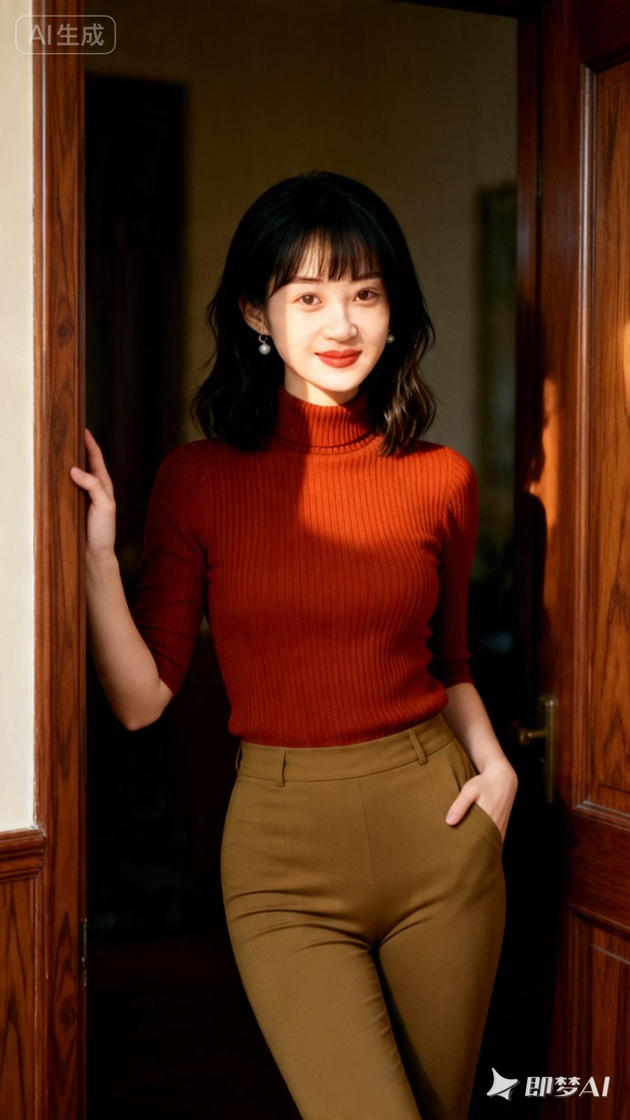 温暖冬日穿搭，红橙毛衣搭配卡其色高腰裤，简约优雅！🌟👗👖