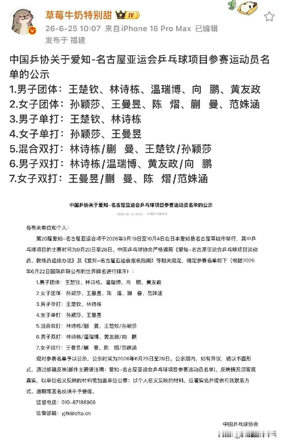 亚运会的乒球参赛名单正式出炉了，从这份名单可以推出，洛杉矶奥运会的乒球组成人员，