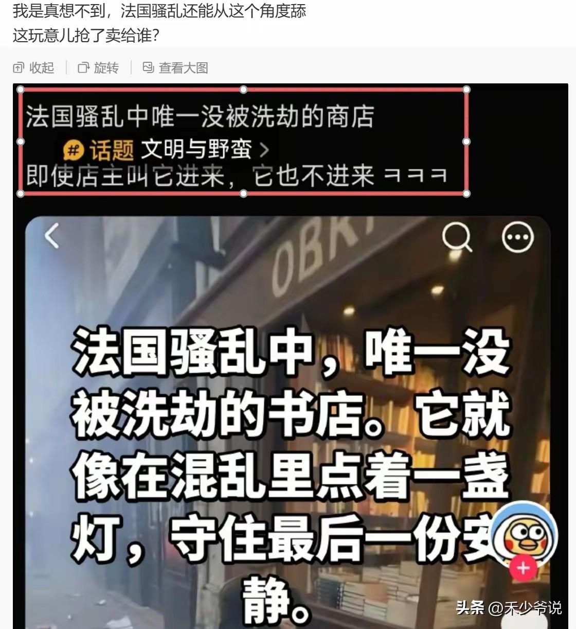 这岂不是说，在法国书籍很难变现？
有网友说在法国骚乱中唯一没被洗劫的就是书店，它