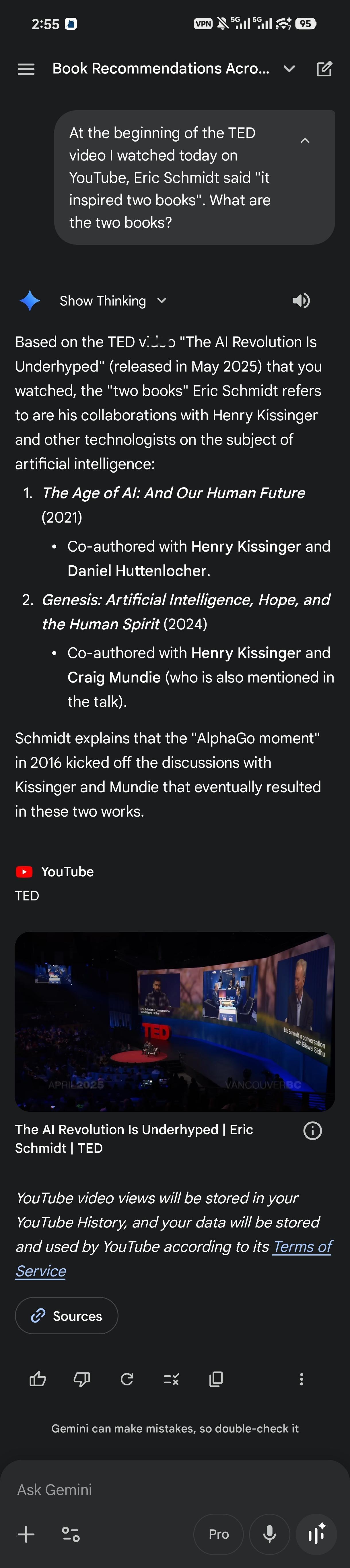 Gemini 在关联 YouTube以后，已经能够回答「我今天看的那个 TED 