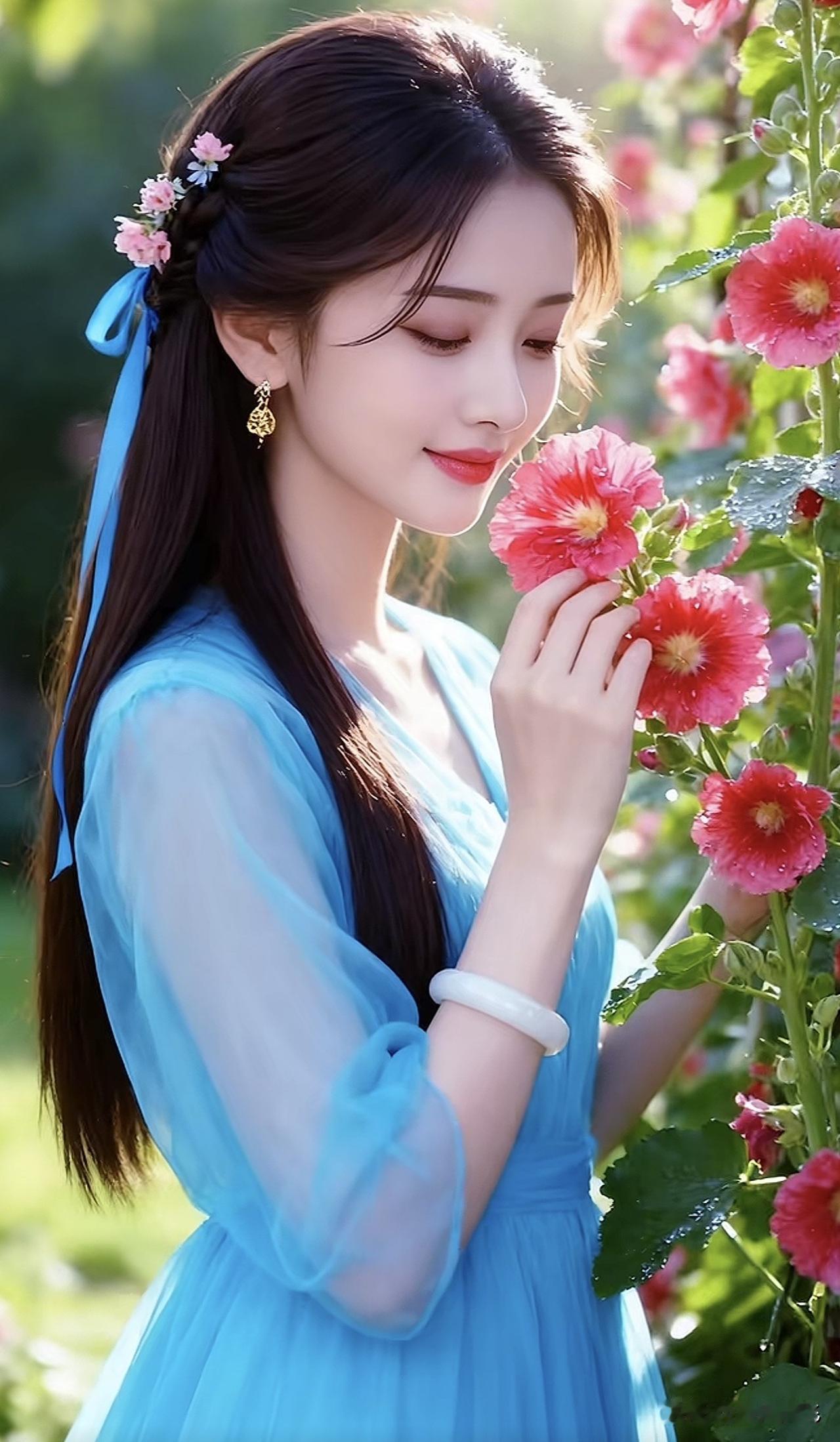 蓝衣少女与粉花相映，宛如仙境中的梦幻时刻。紫色花海少女 温柔白衣少女 红衣花裙少