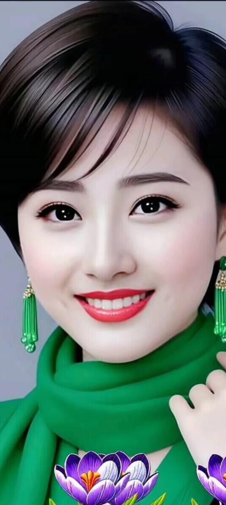 甜美笑容，绿色围巾，紫色花饰，时尚优雅！