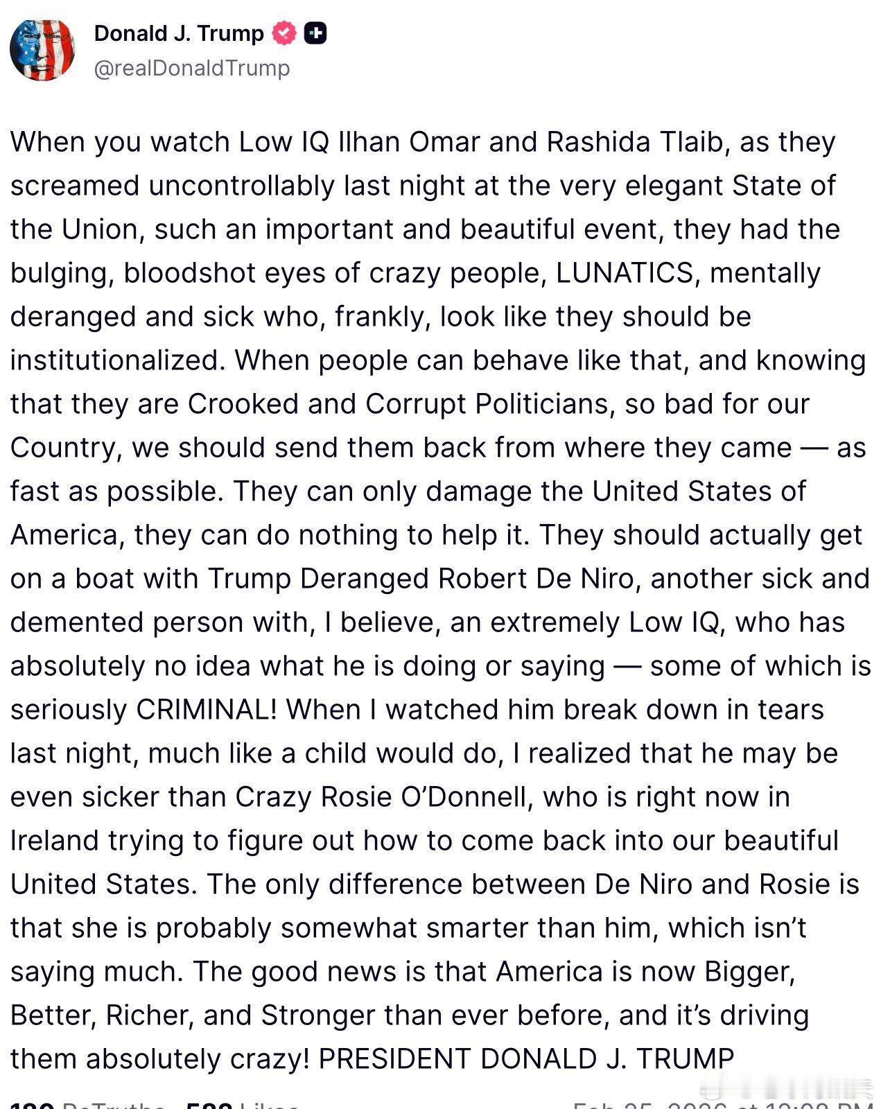 ‼️特朗普绘声绘色得讲述了奥马尔和特莱布听其演讲时的癫狂举动：“当你观看低智商的