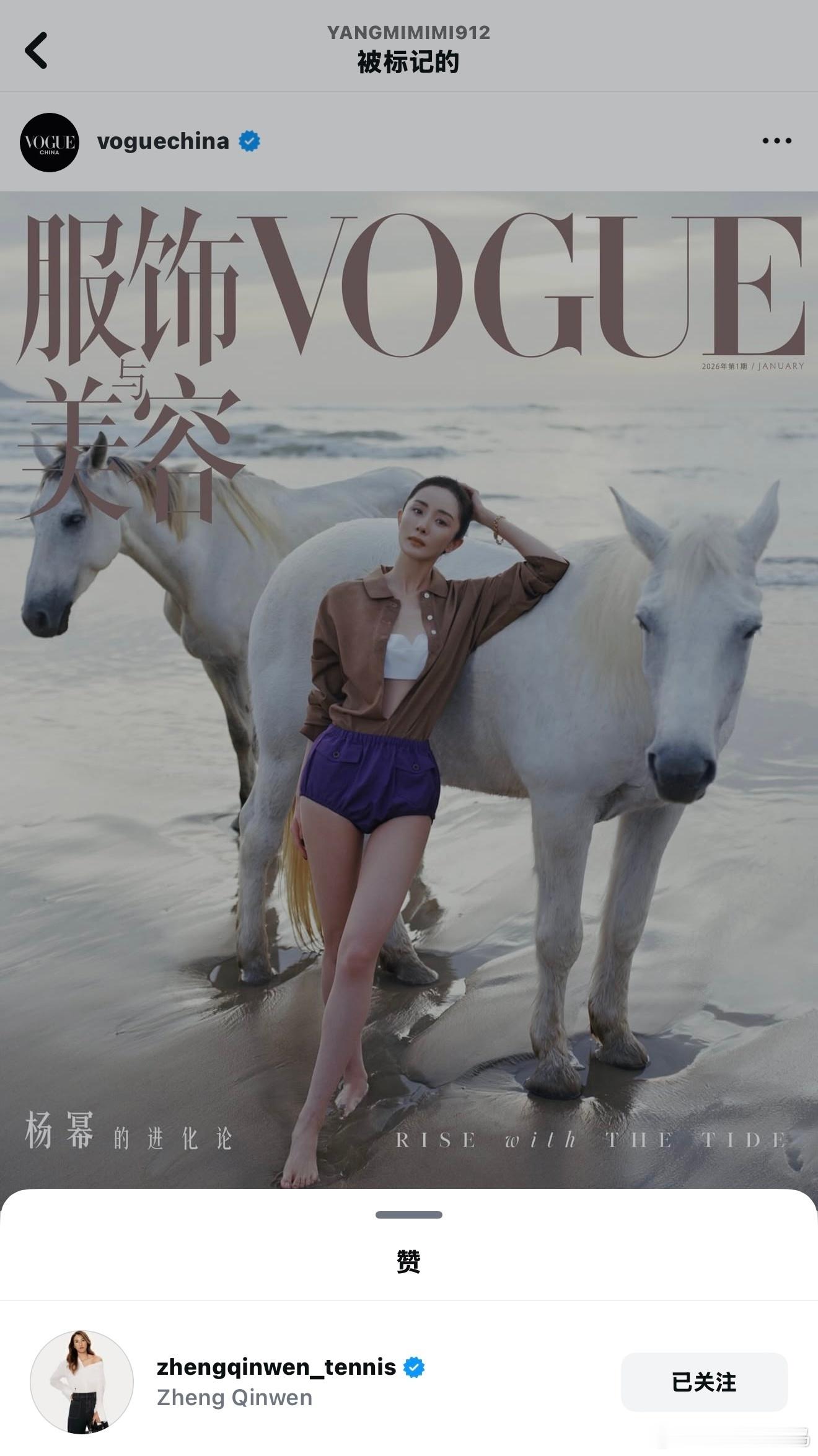 queen给queen点赞了郑钦文点赞杨幂VOGUE大片