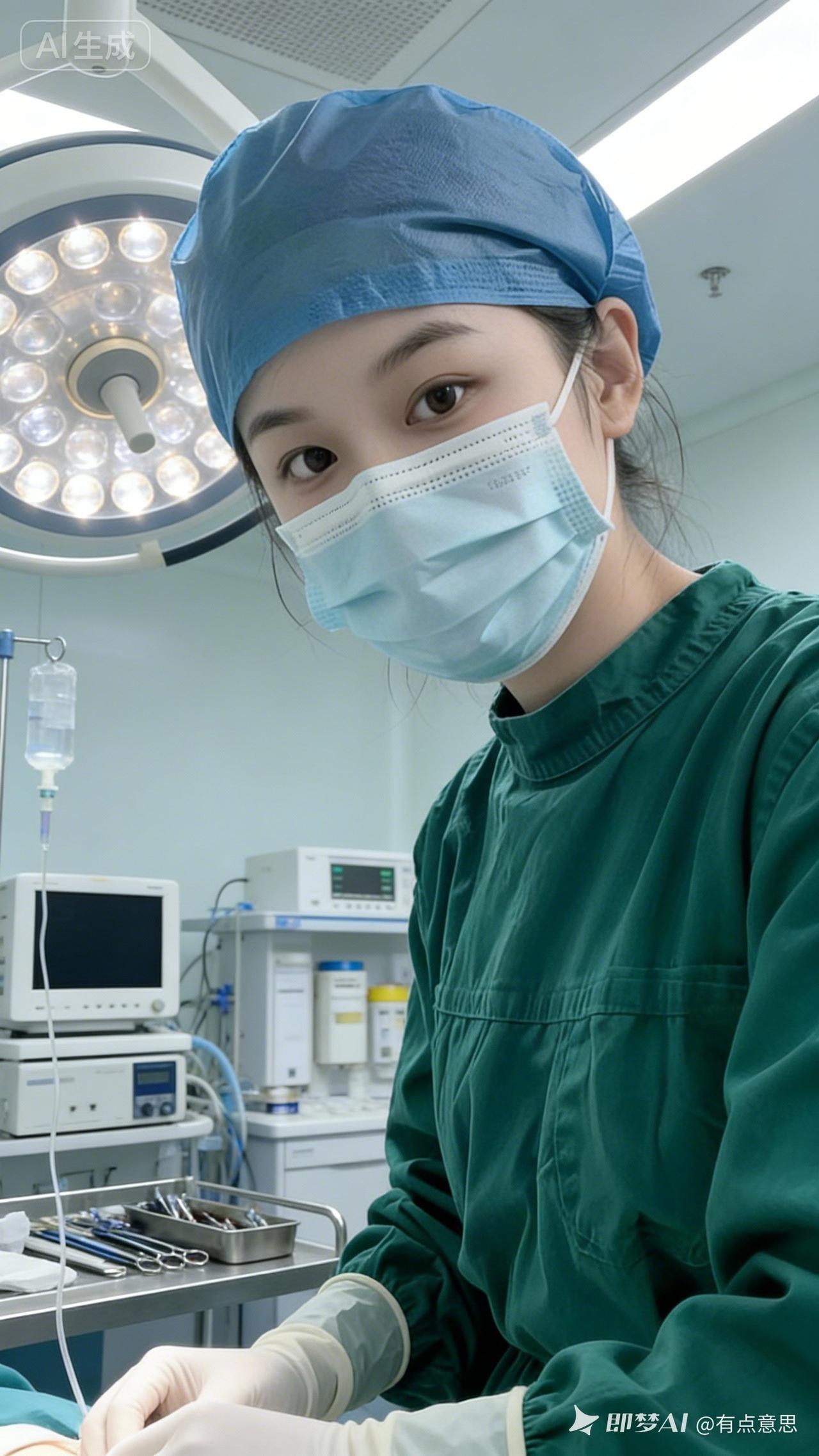 美女护士身着绿色手术服，头戴蓝色手术帽，佩戴浅蓝口罩与白色手套，立于手术灯、器械